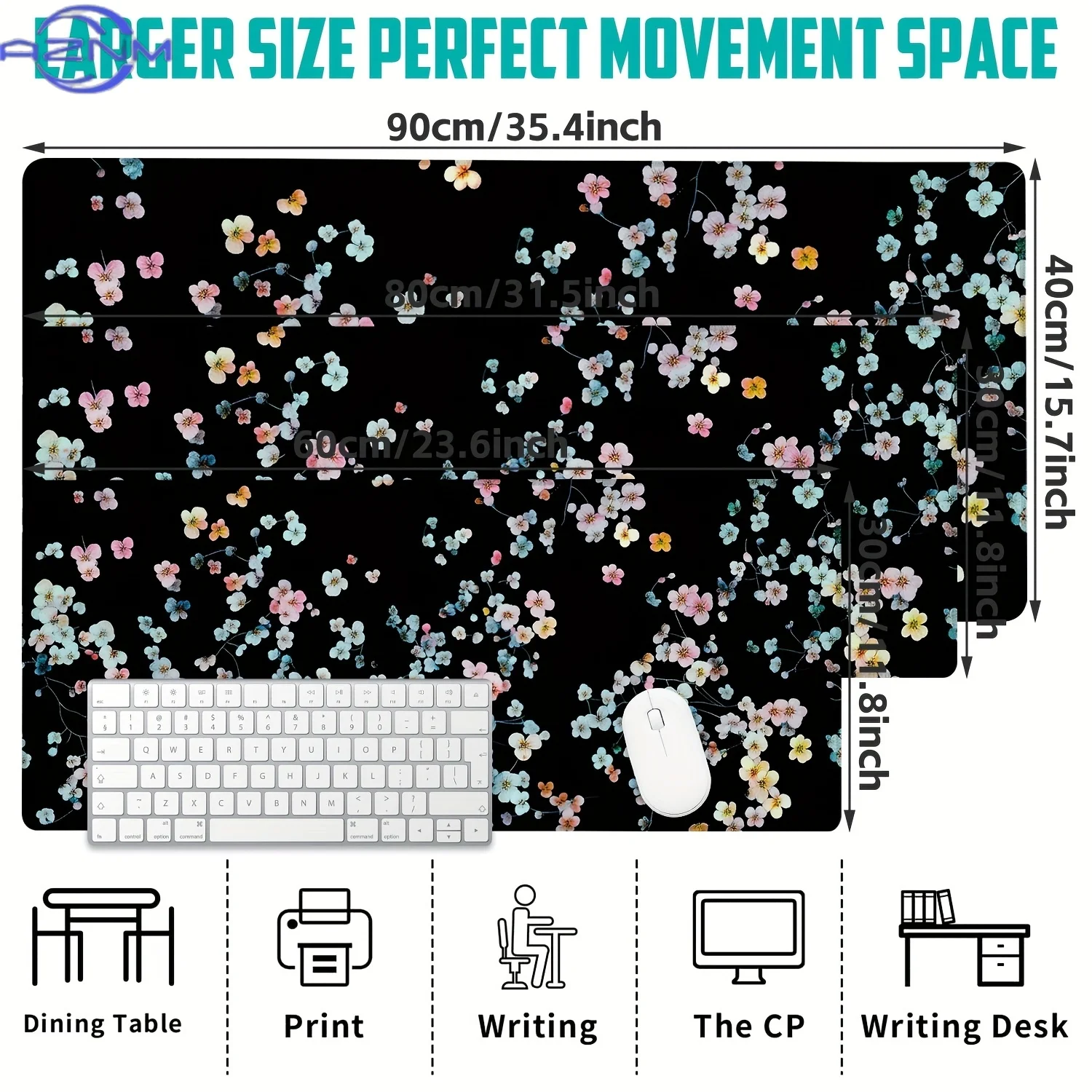Desk Mat,Delicate Cherry Blossoms on Black Desk Pad,Large Gaming Mouse Pad Office Keyboard Pad,Non-Slip Computer Mouse Pad Gift