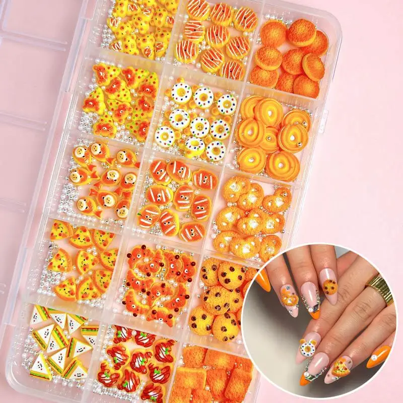 1Box Cartoon Cute Bear Ice Cream Resin Nail Charms Simulated Smiley Pizza Sandwich Dessert Series Nail Art Decorations for DIY