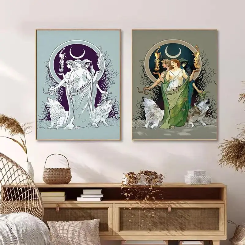 الرجعية القمر هيكات آلهة الأساطير اليونانية قماش اللوحة يطبع غامض هيكاتي ساحرة صور فنية للجدران لديكور غرفة المنزل #5