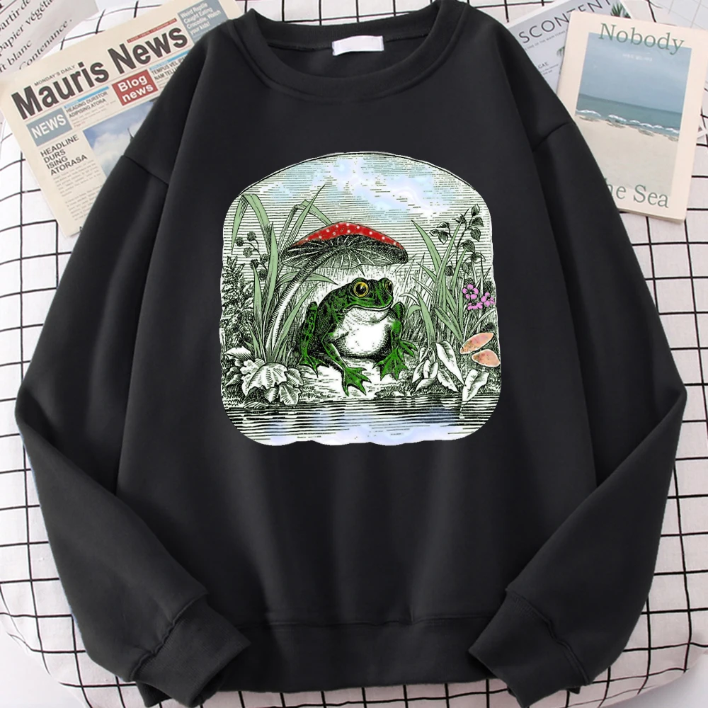 เสื้อสเวตเชิ้ตลายกบเห็ดสไตล์วินเทจสำหรับผู้หญิง ฮิปฮอป ลำลอง เสื้อผ้ากีฬาฤดูใบไม้ร่วง ผ้าฟลีซสำหรับวิ่งออกกำลังกาย