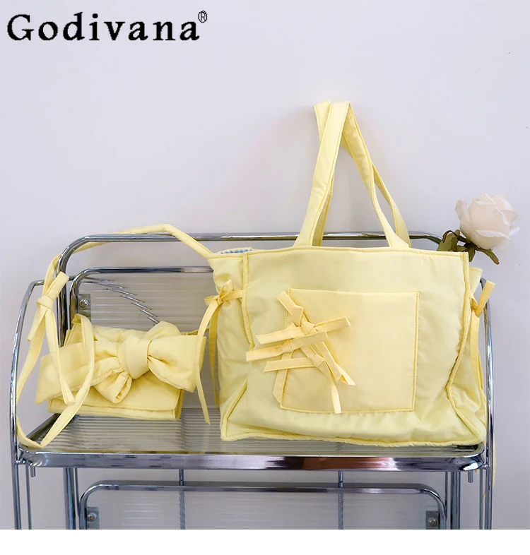 

Japanese Original Lolita Bow Large-capacity Handbag, Student Class Daily Commute Briefcase Yellow Shoulder Bag