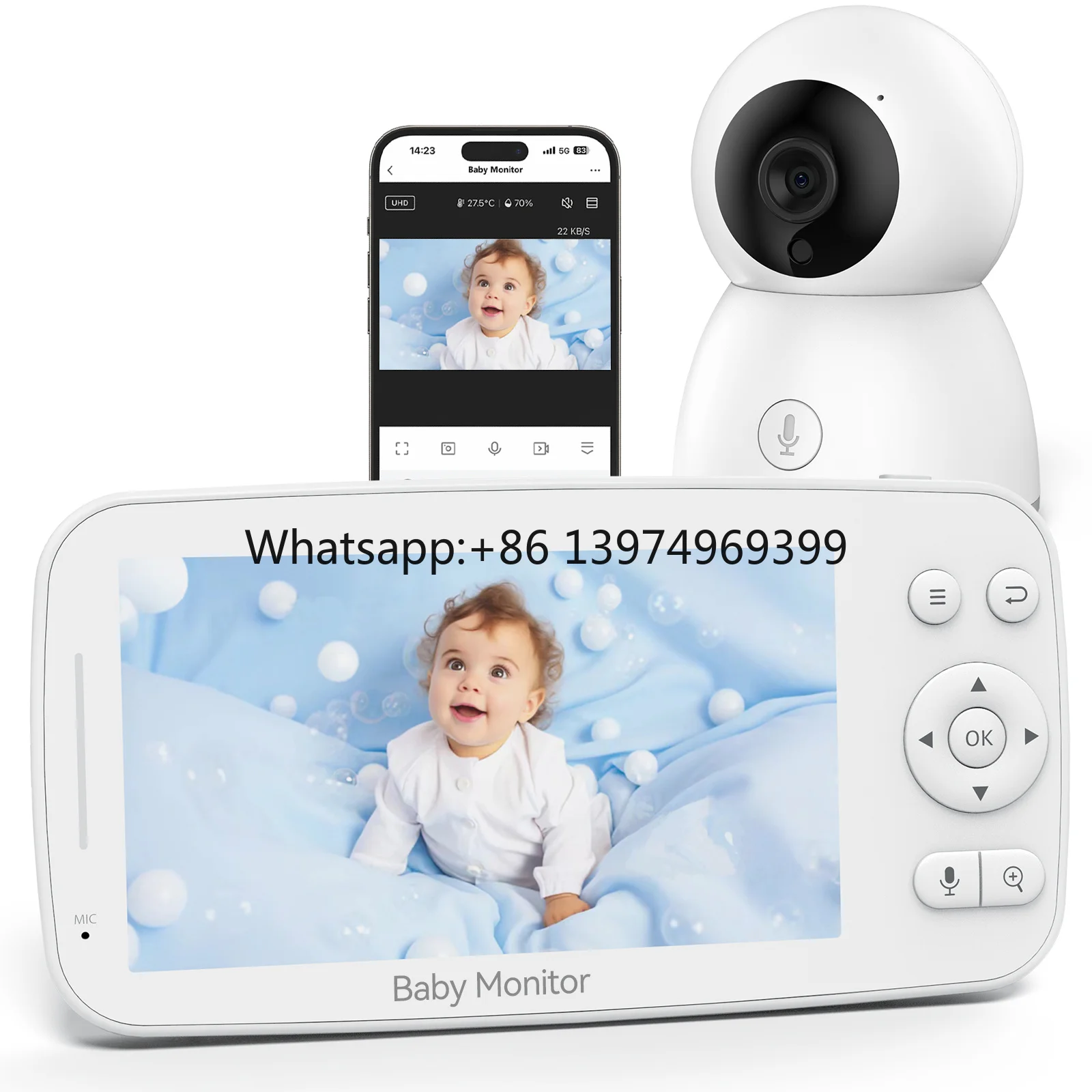5 Inch Smart WiFi 1080p IP67 Waterproof Baby Monitor Rotation Camera Night Vision Two Way Audio Temperature Humidity Baby Care