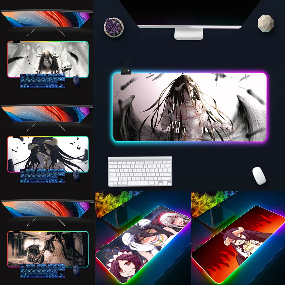 Albedo Anime Sexy Girls RGB Pc Gamer Keyboard Mouse Pad Mousepad LED Glowing Mouse Mats Rubber Gaming Computer Mausepad