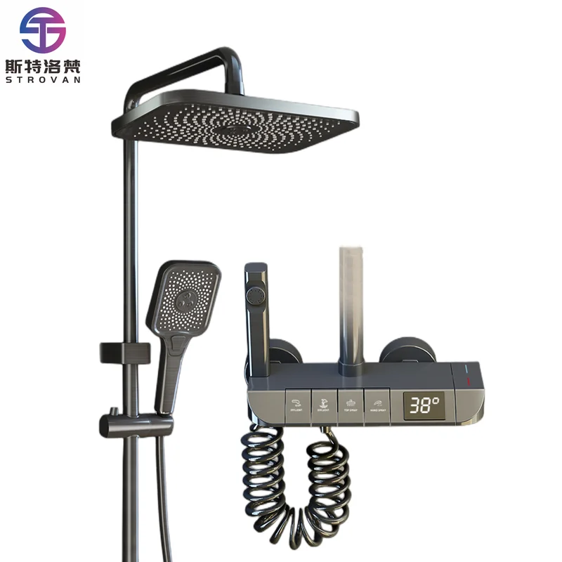 

Digital Display Thermostatic Brass Shower Set Soft Rainfall Pattern Ceramic Valve Copper Bathroom Piano Key Rainfall Shower Kits