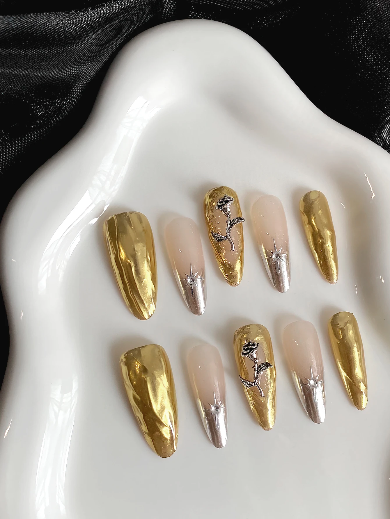 Luxury Gold Foil Press On Nails, Handcrafted Long Almond False Nails with 3D Silver Rose & Star Decor, Nude Silver Gradient
