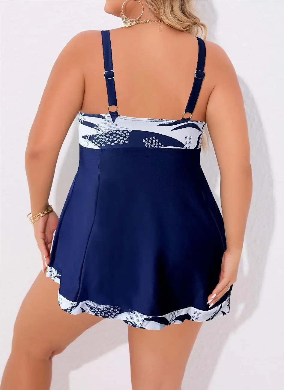 Plus Size Women Tankini Swimsuit V‑Neck Bow Print Flowy Skirt Tummy Control Swimwear Bathing Suit For Beach Pool Summer Vacation