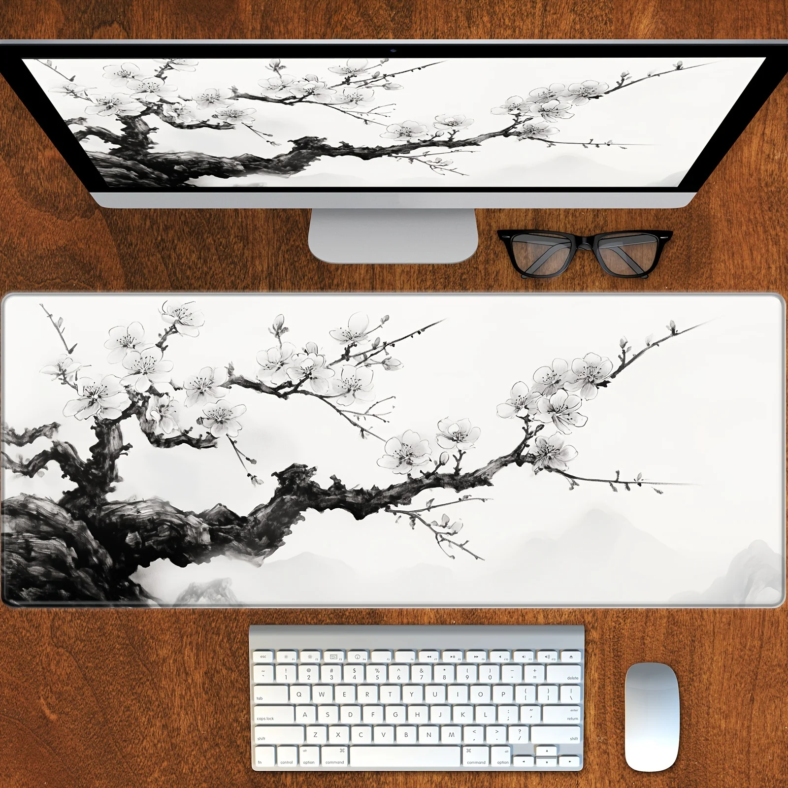 Aesthetic Zen Plum Branch Desk Pad, Extended Non-Slip Rubber Mouse Mat with Elegant Black & White Flower Design