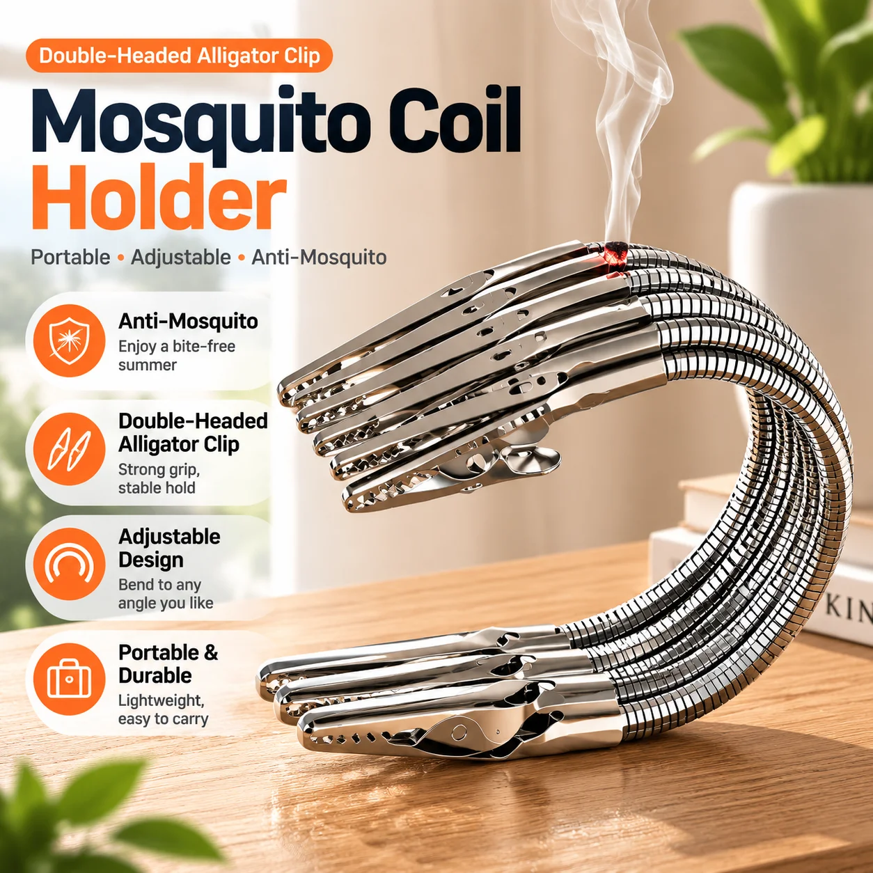 Mosquito Coil Holder Double-Headed Alligator Clip Portable Vertical Incense Stand Adjustable Desktop Anti-Mosquito