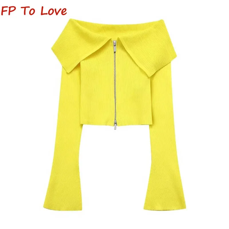 Spice-Girls Double Zip Top curto, amarelo, malha, cardigã sem alças, suéter de manga comprida, sexy, vintage, puro, sem alças, 3519026