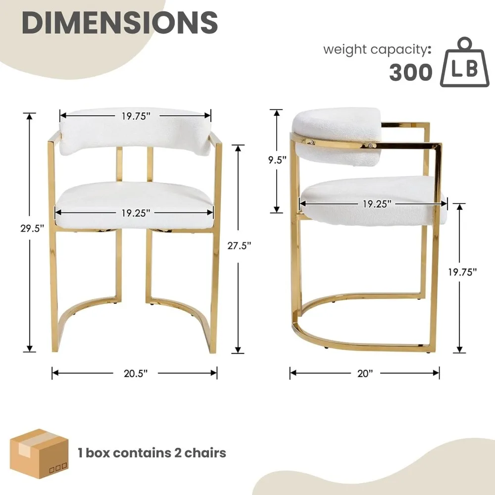 زوج من كراسي تناول الطعام المنجدة باللون الأبيض الحديث مع أرجل ذهبية، تصميم برميل مفتوح الظهر للمطبخ وغرفة الطعام #2