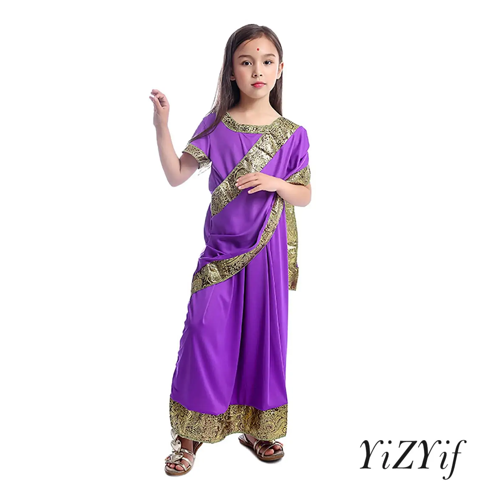 

Girls Indian Princess Cosplay Costume Short Sleeve Delicate Floral Embroider Trim Long Dress for Stage Performance Cosplay Party