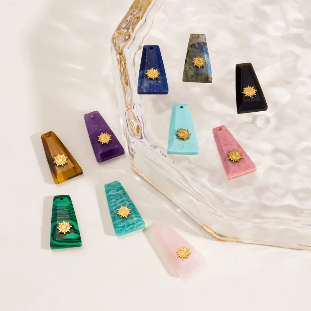 2Pcs Stainless Steel 10Style Natural Stone Cut Charms Quadrilateral Multicolour Pendant DIY Necklace Jewelry Accessories
