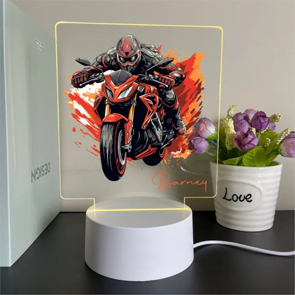 Gepersonaliseerde naam motorfiets afgeronde acrylverlichting voor kinderen tafeldecoratie biker visuele lamp cadeau voor Kerstmis