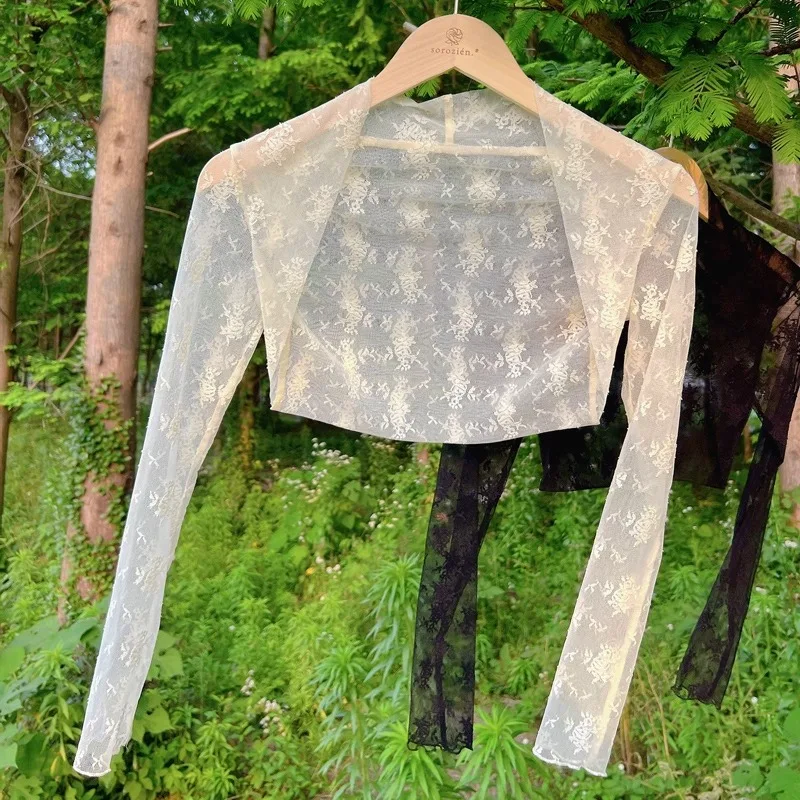 

Солнцезащитный кружевной короткий кардиган для женщин, летнее платье без рукавов, накидка, элегантная сетчатая шаль на плечи с открытым передом