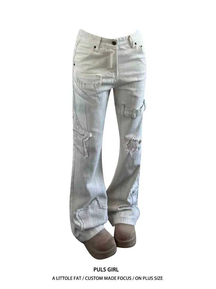 

Ретро-джинсы американского стиля больших размеров для женщин: джинсы с высокой талией, утягивающие, длинные, с вышивкой звездами, выцветшие, расклешенные.