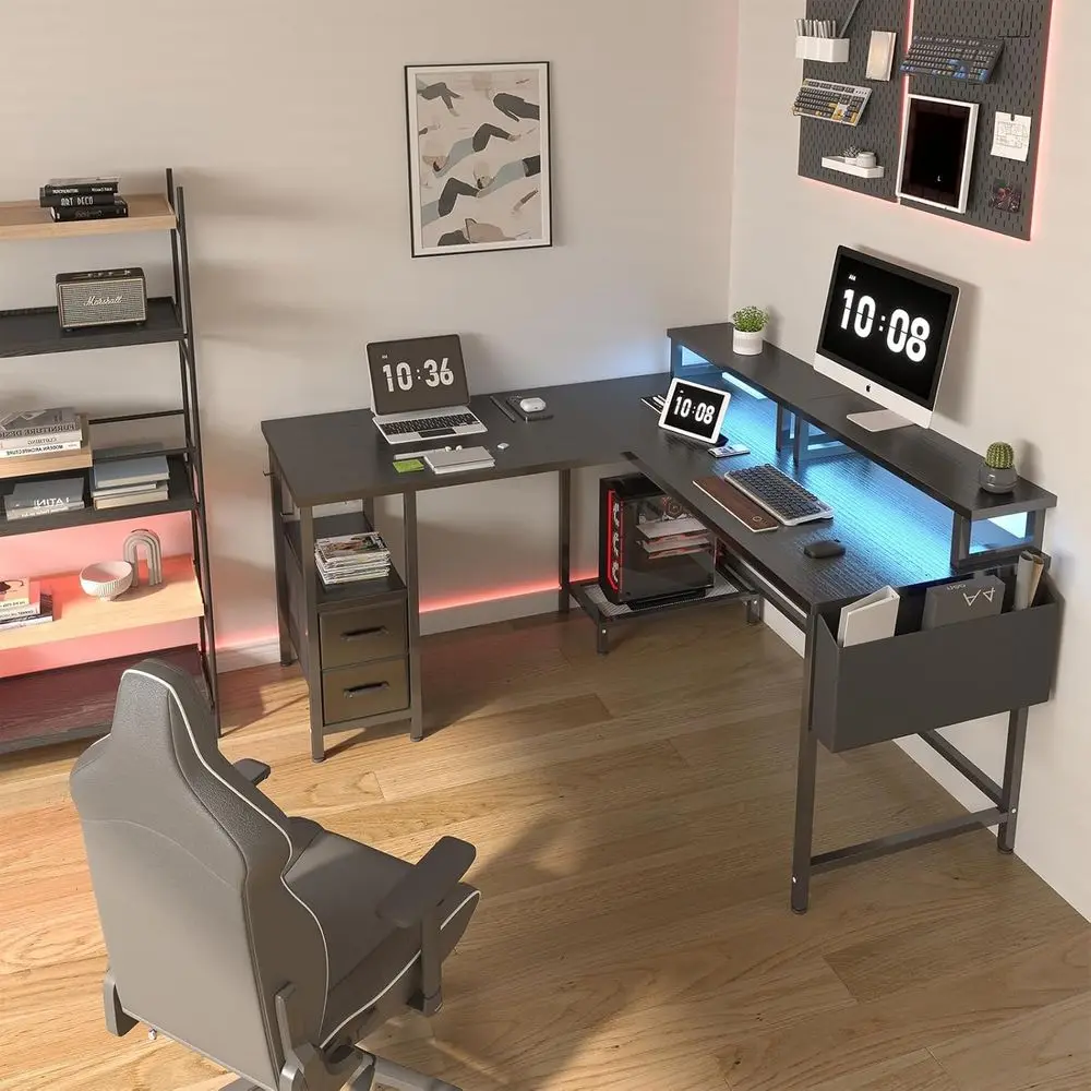 전원 콘센트가 있는 LED 조명 47 L자형 컴퓨터 책상, 모니터 스탠드와 패브릭 서랍이 있는 가정용 코너 사무실 책상, 블랙