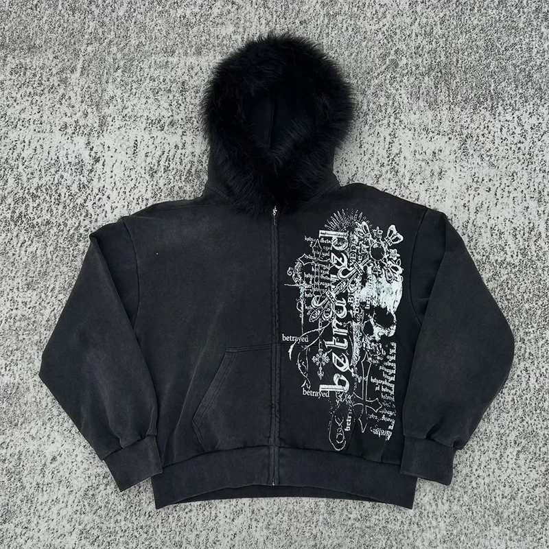 Y2k Felpa con cappuccio versatile con cerniera vintage gotico High Street Fashion Autunno e inverno Comode felpe versatili per uomo e donna emo