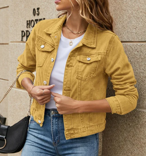 Women's Solid Color Washed Denim Coat Fashion Commuting Style Lapel Long Sleeve Cowboy Coats Female 2026 Spring Autumn New