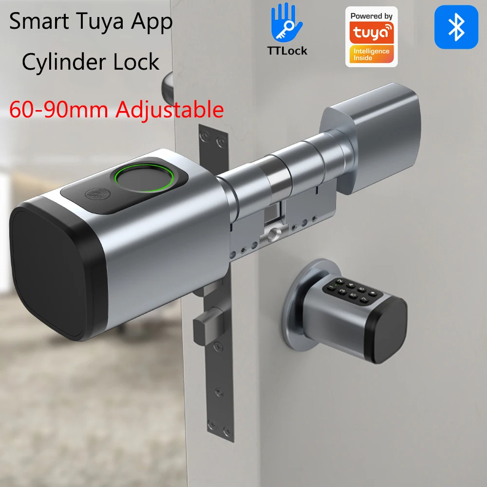 Support Tuya/TTLOCK APP Fingerprint Cylinder Electronic Door Lock Digital Keypad Code Key Card Remote Control Adjustable 60-90mm