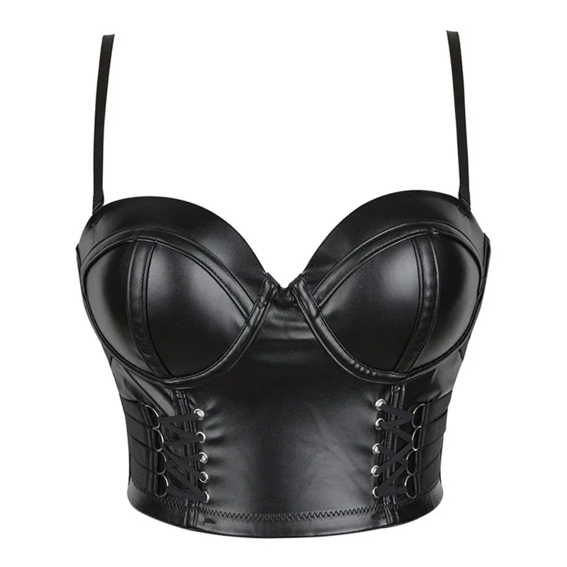 

Women Corset Crop Top Gothic Black Leopard Faux Leather Push Up Overbust Corset Bustier Bra with Straps Fashion Streetwear