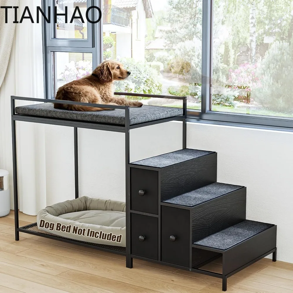 Pet Bunk Bed with Stairs and Storage, Dogs/Cats Window Perch, Bedside Lounge Elevated Dog Bed Multi-Level Platform with Foam