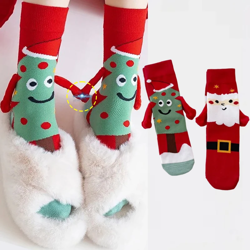 2025년 신상 크리스마스 자석 연인 양말 귀여운 중간 길이 양말 손잡고 있는 디자인의 커플용 따뜻한 겨울 양말