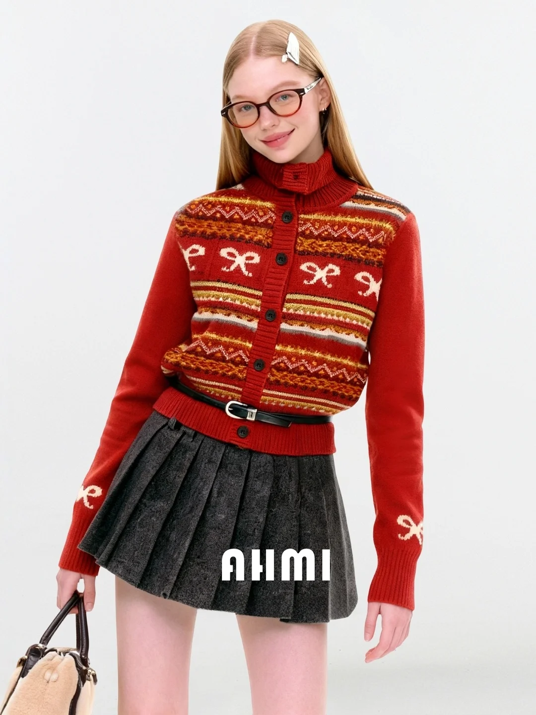 

AHMI Cisas Par Color Blo High Ne Knitted Sweater Women's Winter Loose Fit Cardigan Warm Cozy Festive Aosphere