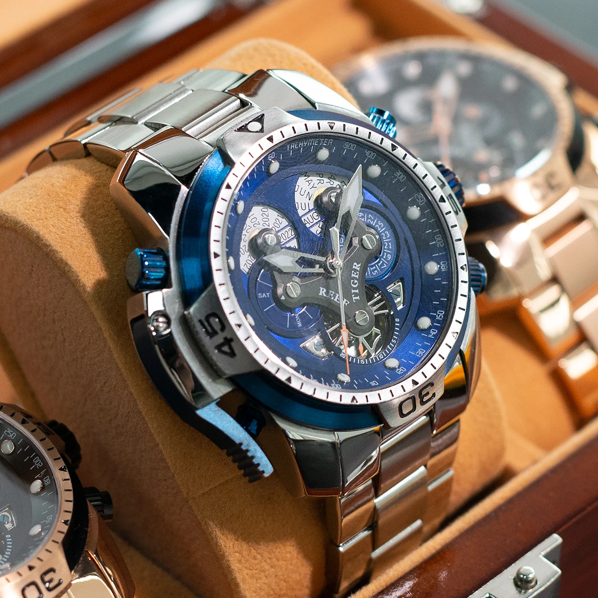 

Мужские автоматические часы Reef Tiger, 46 мм, механические наручные часы, скелет, светящийся вечный календарь, год, месяц, неделя, дата
