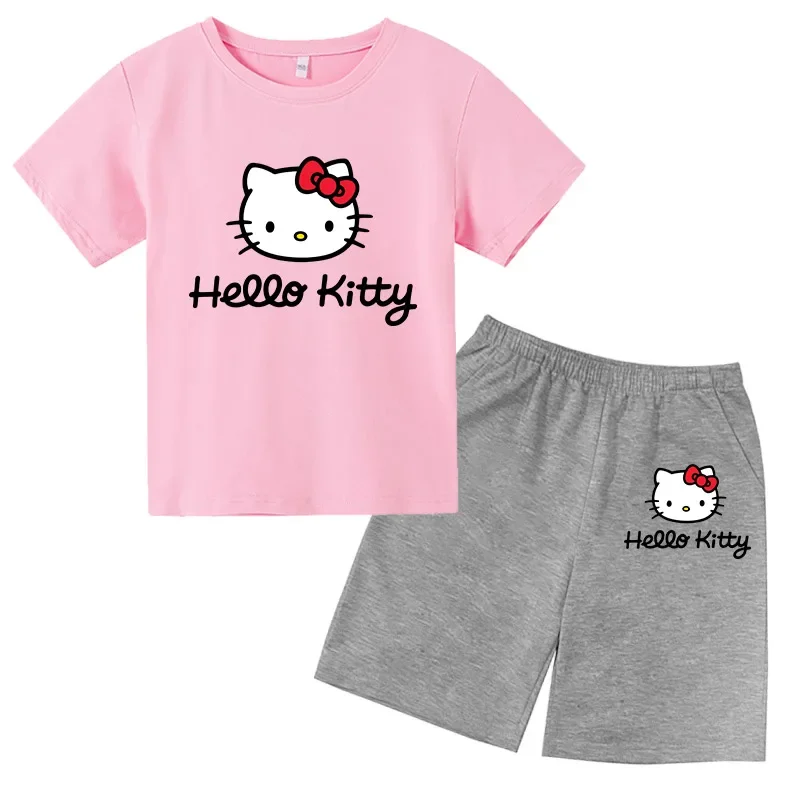 Summer Hello Kitty T-shirt Set Boys' Clothing  Leisure Cotton PikachuShort Sleeve Preschool 3-12 Girls' Cartoon Animal Print