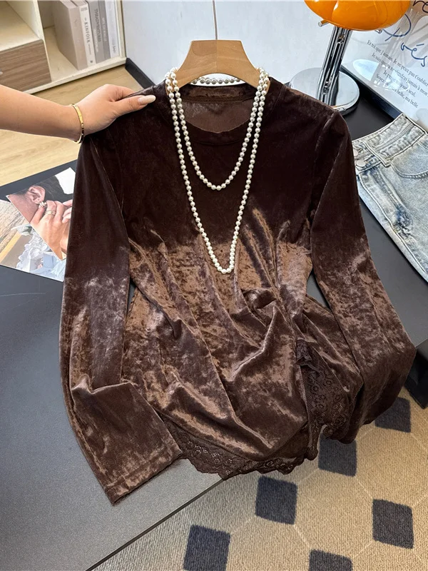 Новая китайская футболка с бархатным основанием и круглым вырезом Ne Lace Splicing, длинная футболка с разрезом на талии, женский модный топ