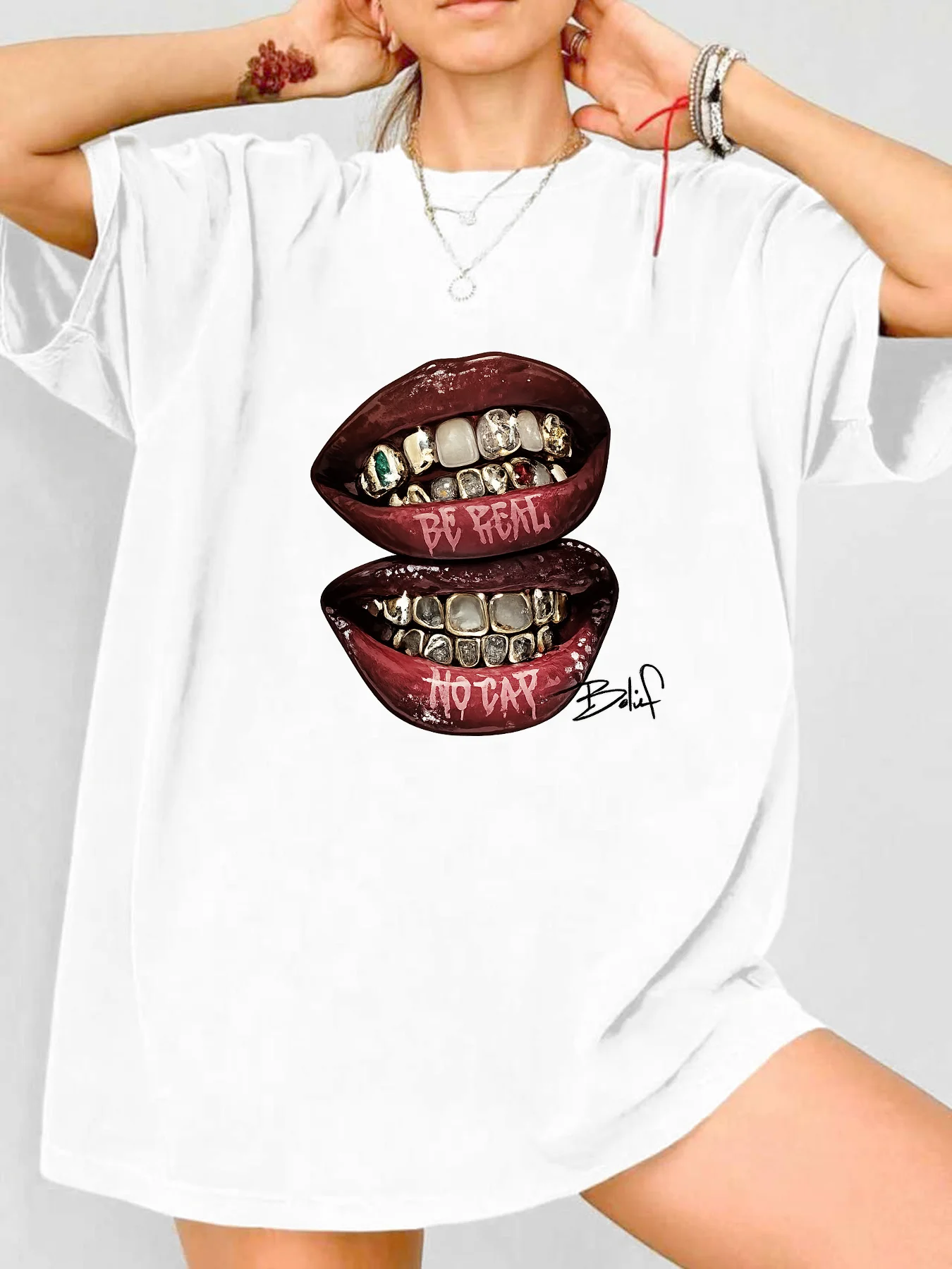 

【WDS00161】Plus size women's round neck short sleeve T-shirt with elastic half sleeves and trendy prints