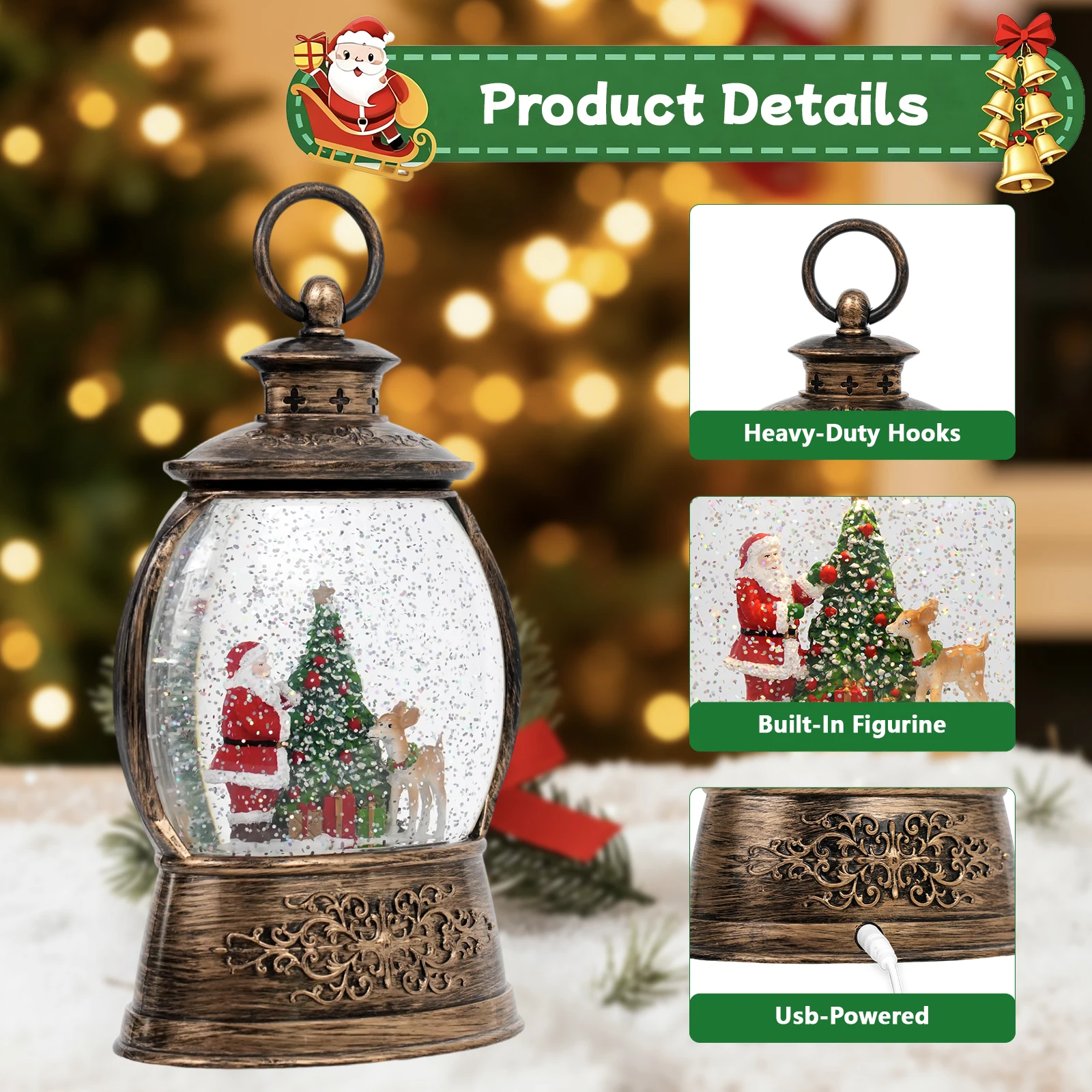 

Enchanting Musical Snow Globe Lantern, Watch Snowflakes Dance to Christmas Carols with Santa & Tree Scene, USB Powered Festive C