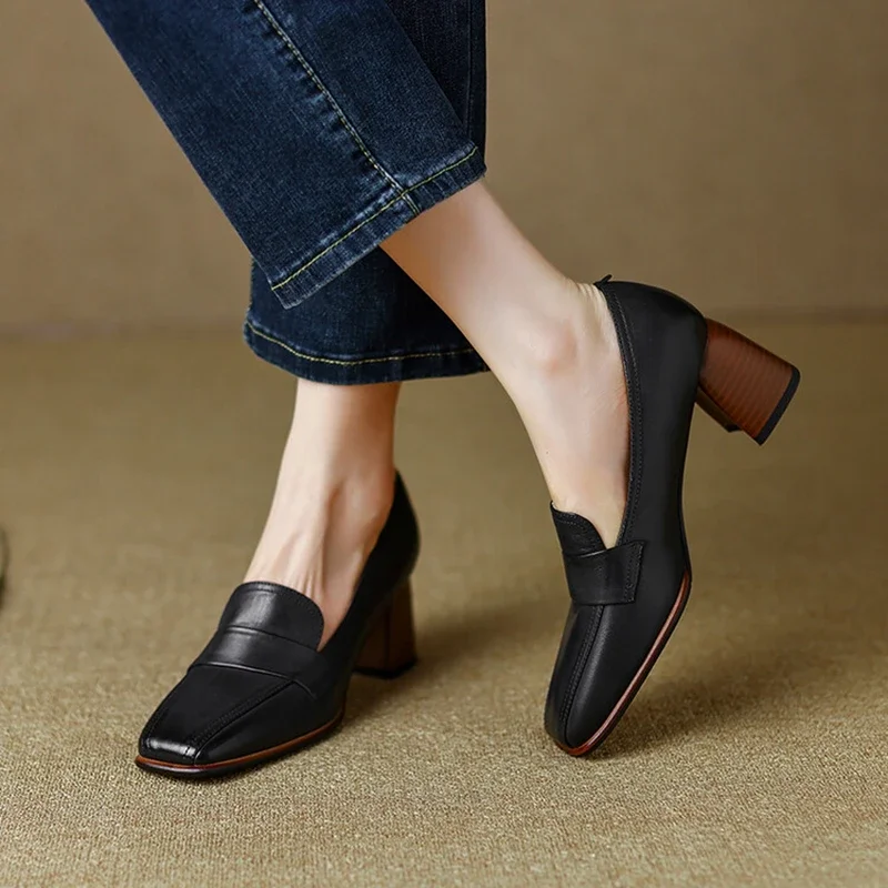 Spring/Autumn Women Pumps Genuine Leather Shoes for Women Square Toe Chunky Heel Shoes Concise Slip-On High Heel Women Loafers