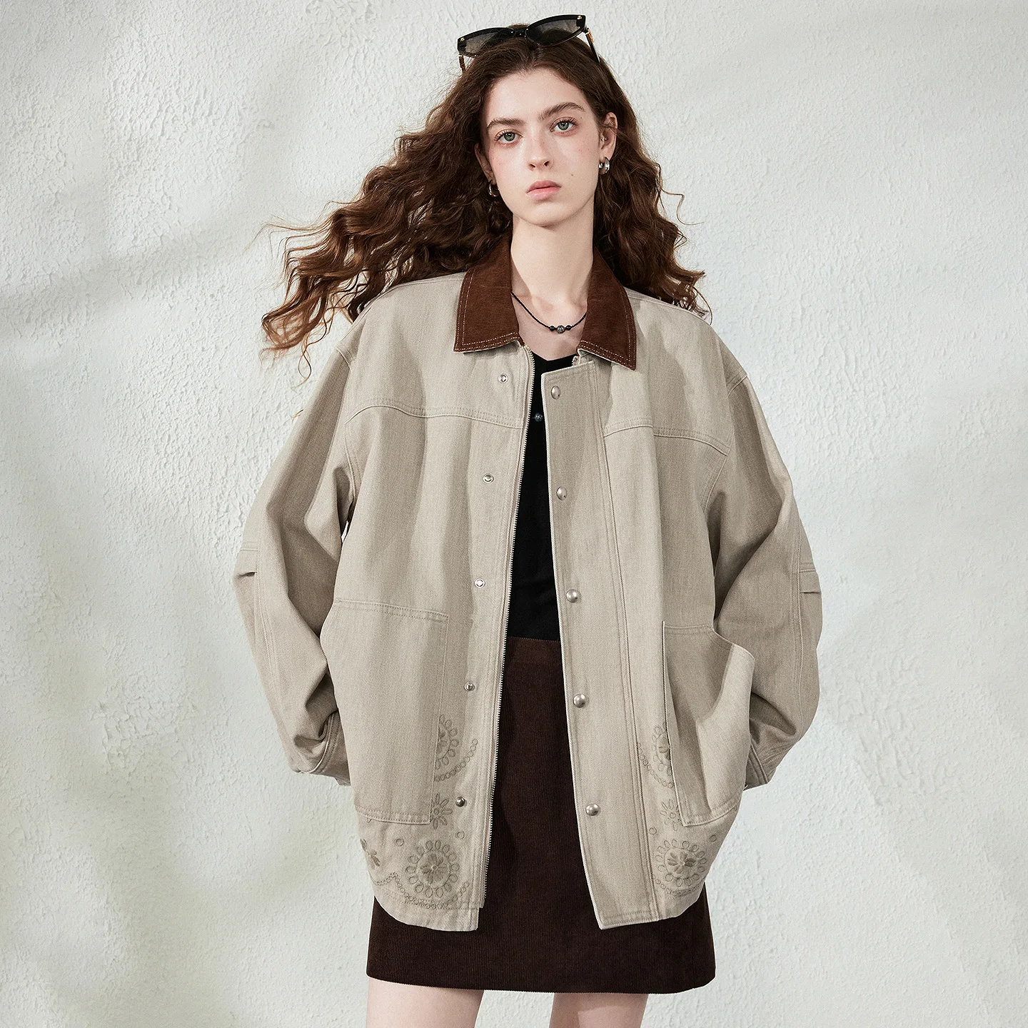 TOYOUTH Women Jacket 2026 Autumn New Corduroy Lapel Hunting Style Cotton Embroidered Nomadic Workwear Shirt Outerwear