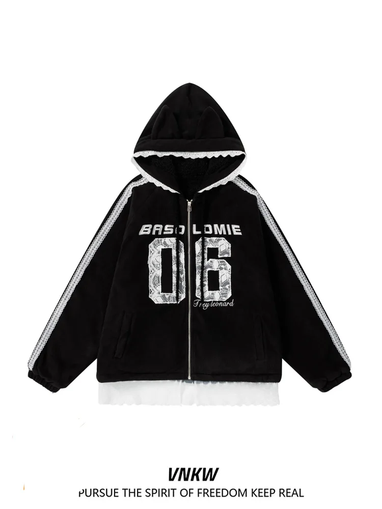 

Y2K Lace Trim Splice Hooded Jaet ex Heavyweight Spor Contrast Color Lamb Fur Cotton Coat Warm Casual Long Sve Zipper