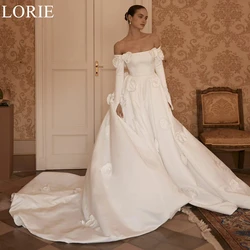 LORIE Elegant Ivory Satin Wedding Dresses A-Line 3D Flowers Pleated Long Bride Prom Gown Backless 2024 Bridal Gowns Customized