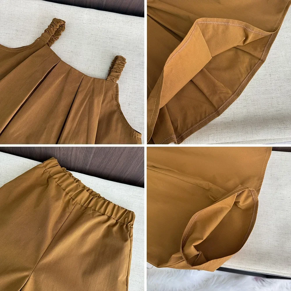 Bear Leader Khaki Girls\' Set Summer New Pleated Camisole Top + Casual Pants 2Pcs Korean Version Solid Color Children\'s Clothing