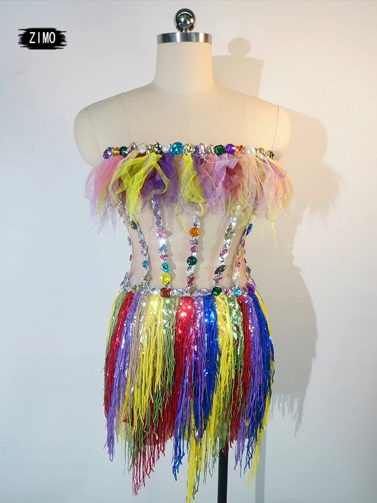 

Coloured sparkle rhinestones tassels sequin dress Top and skirt sexy backless DJ party club dress for women pole dance clothing