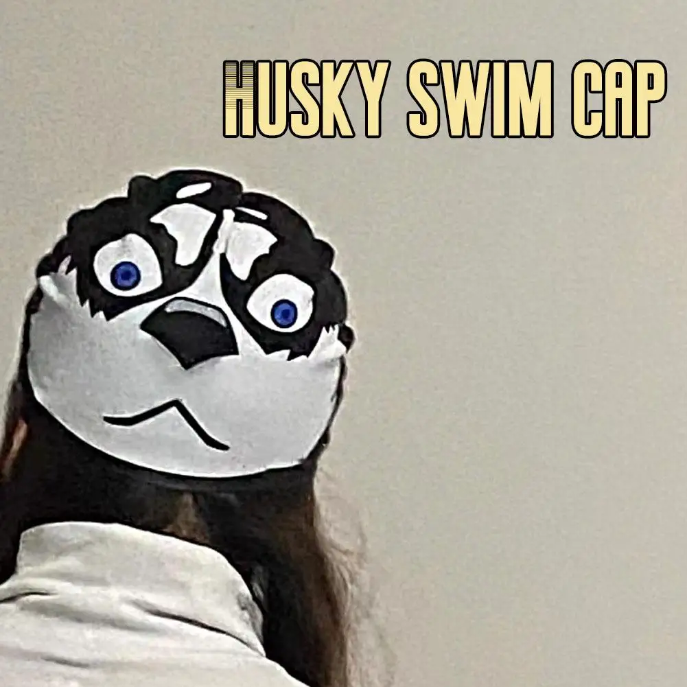 Topi renang Husky kartun Siberia peralatan renang tahan air desain kreatif untuk anak dan dewasa pola anjing lucu H6C8