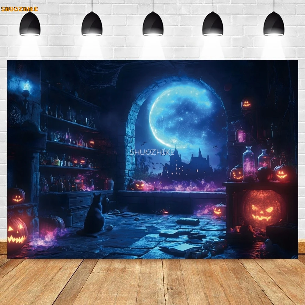 Forest Pumpkin Halloween Night Decor Photography Backdrop Horror Light Castle Kids Party Decor Photo Background Studio Props
