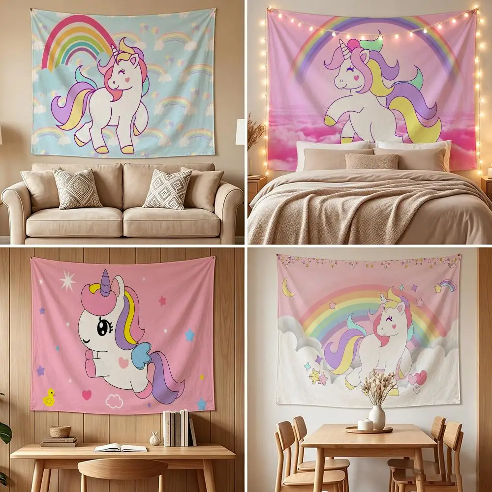 Pretty Rainbow Unicorn Tapestry Custom Living Bedroom Party Dormitory Interior Wall Bohemian Decoration Attached Clip