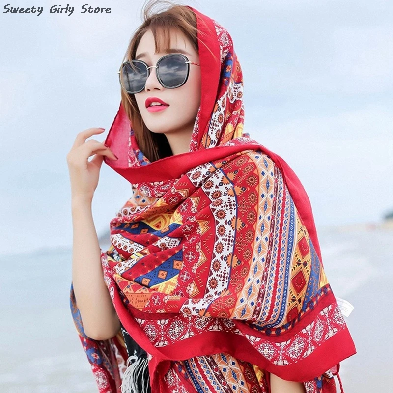 Ethnic 180cm Big Size Hijabs Fashion Shawl for Travel Cotton Scarf Women Beautiful Headscarf Wraps Outdoor Windproof Bandana