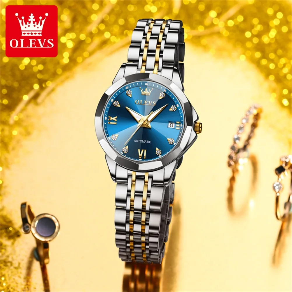 OLEVS 9982 Automatic Woman Watch Fashion Rhombus Glasses Steel Strap Mechanical Watch for Women Waterproof Luminous Ladies Watch