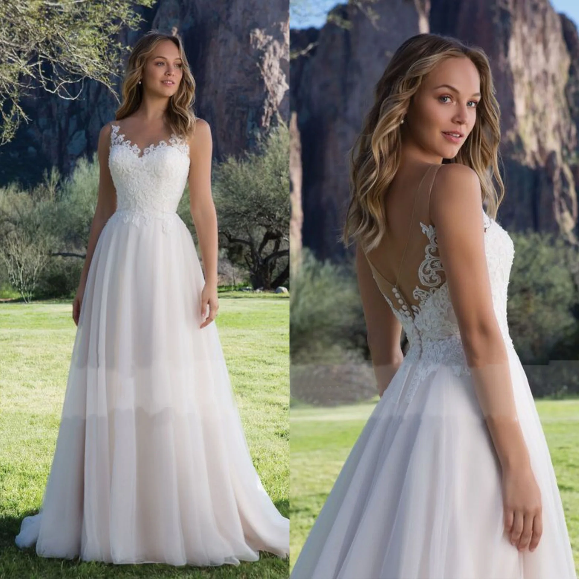 ฤดูร้อนชุดแต่งงานแขนกุดที่กําหนดเองBackless Vestidos De Noviaลูกไม้Robe De Mariée Appliques Vestido De Noiva