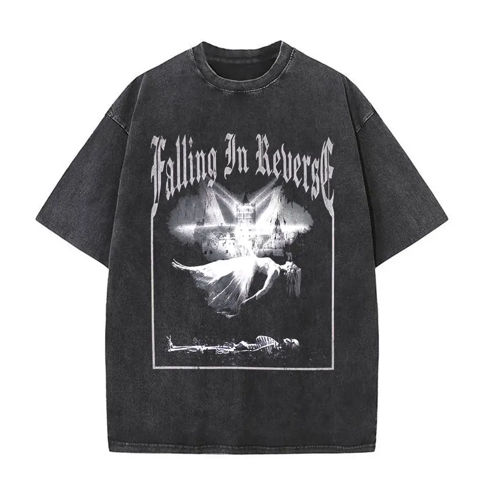 Washed Vintage Rock Band Falling in Reverse Graphic T-shirt Men Gothic Punk Oversized T Shirts Male Casual Cotton Retro T-shirts