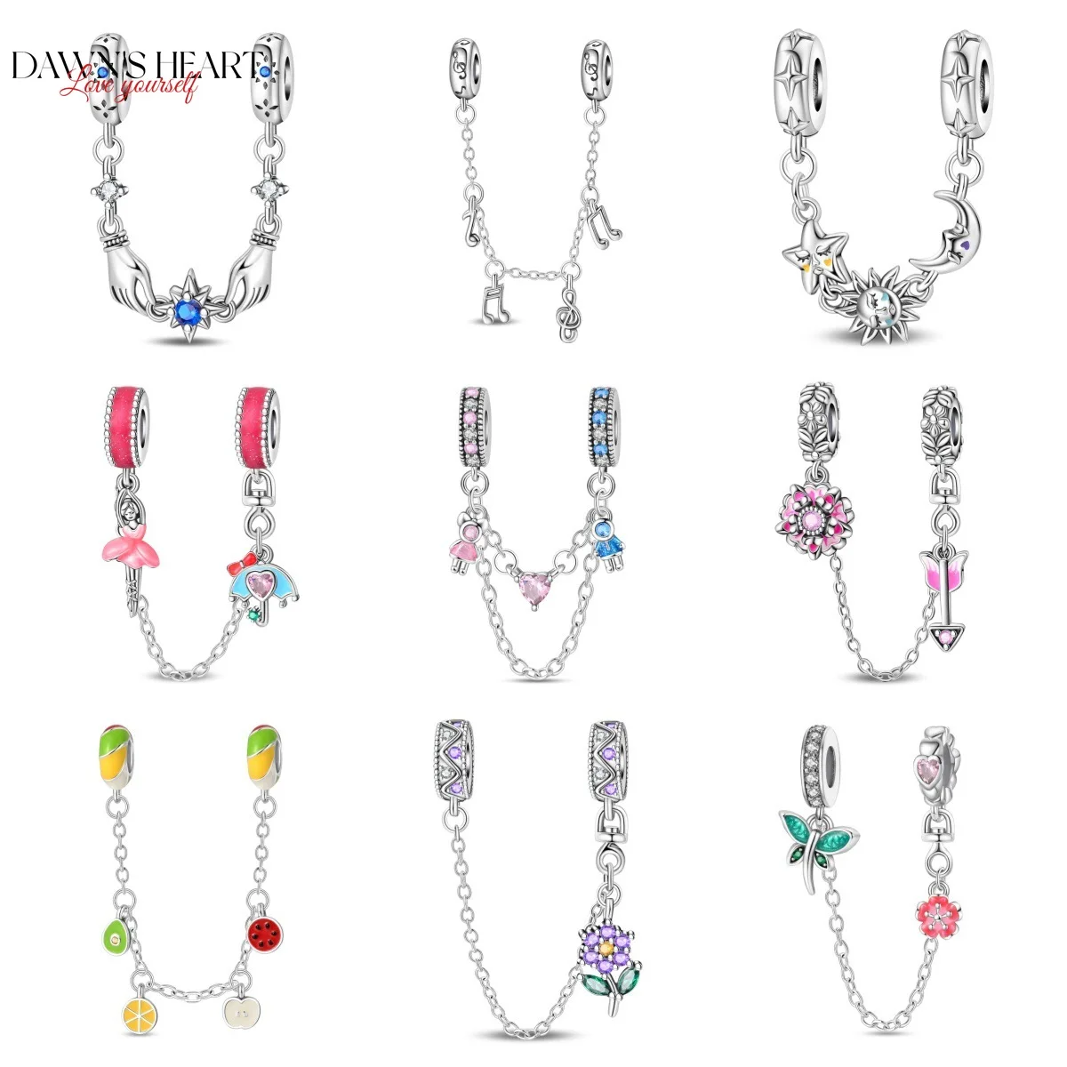 

Original 925 Silver Flower Safety Chain Charm Beads Cake Poodle Crown Lover Luminous Fit 3mm Bracelets DIY Fine Jewelry Making