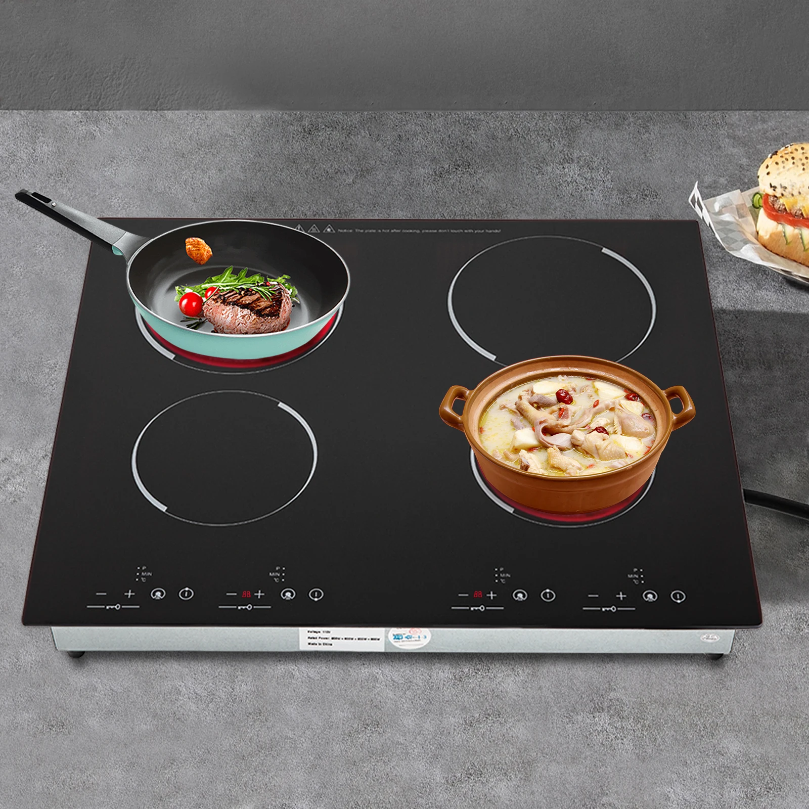 4 Burners Electric Cooktop 110V Electric Stove Top Built-in Touch Control Cooktop 3000W Electric Ceramic Cooktop 9 Heating Level