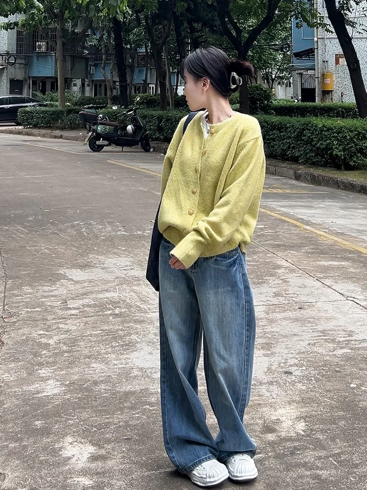 

May Muziya винтажные широкие джинсы женские весенне-осенние новые свободные узкие прямые брюки с высокой талией на молнии синие джинсовые