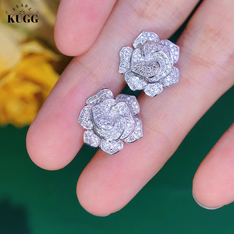 

KUGG 18K White Gold Earrings Luxury Camellia Design 0.70carat Real Natural Diamond Stud Earrings for Women Wedding Jewelry