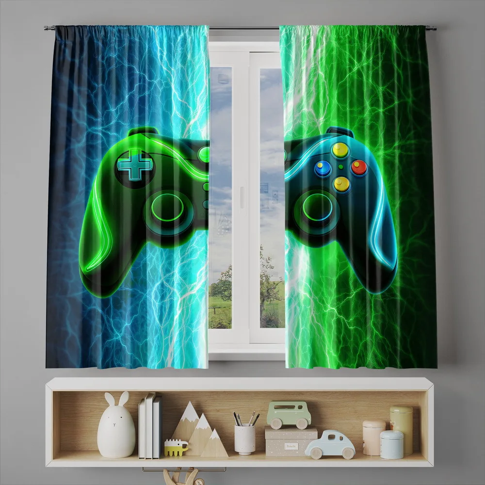 Gaming Controller Curtains Neon Light Art Window Drapes Electric Design Home Decor Gamer Theme Living Room